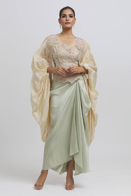 Buy Anamika Khanna Blue Silk Embroidery Asymmetric Cape And Draped Skirt Set Online at Aza Fashions Buy_Anamika Khanna_Blue Silk Embroidery Asymmetric Cape And Draped Skirt Set_Online_at_Aza_Fashions