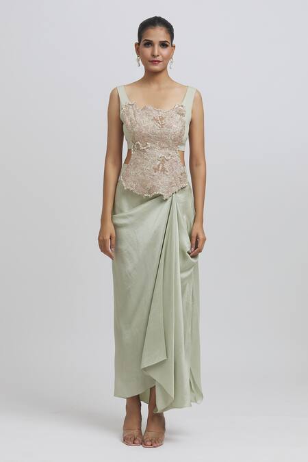 Anamika Khanna Blue Silk Embroidery Asymmetric Cape And Draped Skirt Set at Aza Fashions Anamika Khanna_Blue Silk Embroidery Asymmetric Cape And Draped Skirt Set_at_Aza_Fashions