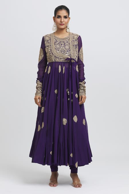 Anamika Khanna_Purple Silk Embroidery Round Neck Angarkha Set_Online_at_Aza_Fashions