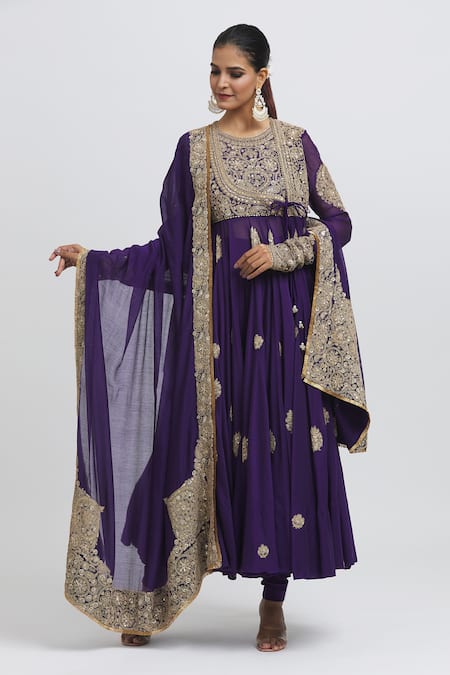 Buy_Anamika Khanna_Purple Silk Embroidery Round Neck Angarkha Set_Online_at_Aza_Fashions