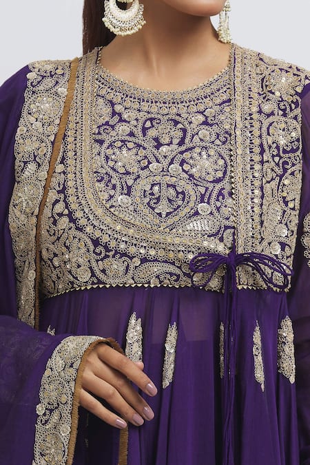 Shop_Anamika Khanna_Purple Silk Embroidery Round Neck Angarkha Set_Online_at_Aza_Fashions