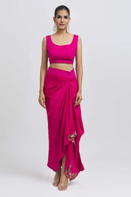 Anamika Khanna Pink Silk Sequins, Beads, Fringe Round Floral Thread Embroidered Cape Skirt Set Online at Aza Fashions Anamika Khanna_Pink Silk Sequins, Beads, Fringe Round Floral Thread Embroidered Cape Skirt Set_Online_at_Aza_Fashions