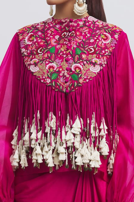 Buy Anamika Khanna Pink Silk Sequins, Beads, Fringe Round Floral Thread Embroidered Cape Skirt Set Online at Aza Fashions Buy_Anamika Khanna_Pink Silk Sequins, Beads, Fringe Round Floral Thread Embroidered Cape Skirt Set_Online_at_Aza_Fashions