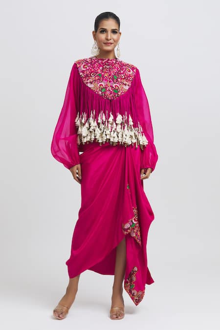 Anamika Khanna Pink Silk Sequins, Beads, Fringe Round Floral Thread Embroidered Cape Skirt Set at Aza Fashions Anamika Khanna_Pink Silk Sequins, Beads, Fringe Round Floral Thread Embroidered Cape Skirt Set_at_Aza_Fashions