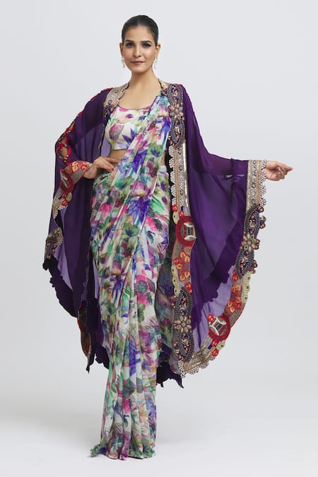 Anamika Khanna Purple Silk Printed And Embroidered Floral Cape Open Saree Set 