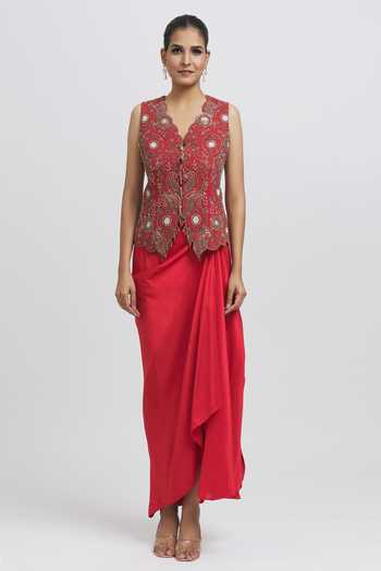 Anamika Khanna_Red Silk Beads, Sequins Open Neck, Mughal Thread Embroidered Jacket Skirt Set _Online_at_Aza_Fashions
