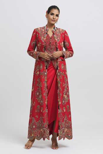 Buy_Anamika Khanna_Red Silk Beads, Sequins Open Neck, Mughal Thread Embroidered Jacket Skirt Set _Online_at_Aza_Fashions