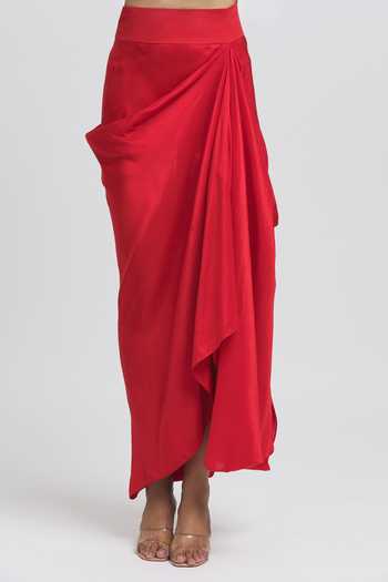 Anamika Khanna_Red Silk Beads, Sequins Open Neck, Mughal Thread Embroidered Jacket Skirt Set _at_Aza_Fashions
