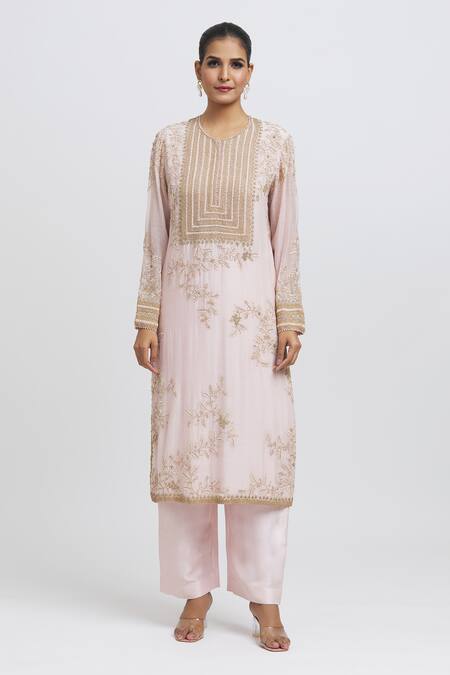 Anamika Khanna_Pink Silk Embroidery Round Neck Floral Zardozi Kurta Set_Online_at_Aza_Fashions