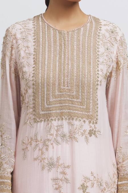 Shop_Anamika Khanna_Pink Silk Embroidery Round Neck Floral Zardozi Kurta Set_Online_at_Aza_Fashions