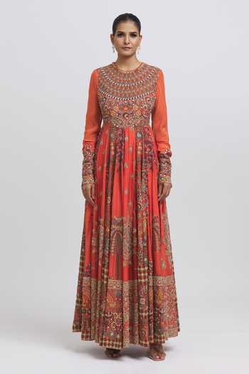 Anamika Khanna_Orange Silk Sequins, Beads, Applique, Mughal Thread Embroidered Anarkali Set _Online_at_Aza_Fashions