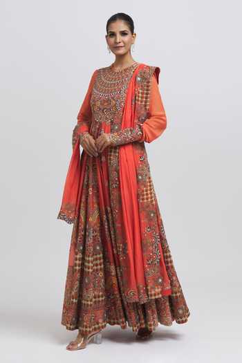 Buy_Anamika Khanna_Orange Silk Sequins, Beads, Applique, Mughal Thread Embroidered Anarkali Set _Online_at_Aza_Fashions