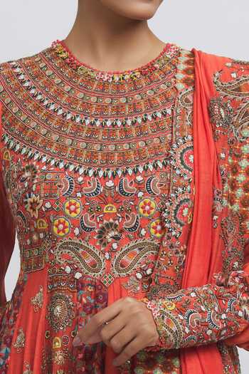 Shop_Anamika Khanna_Orange Silk Sequins, Beads, Applique, Mughal Thread Embroidered Anarkali Set _Online_at_Aza_Fashions