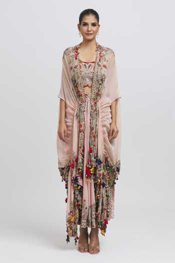 Anamika Khanna_Pink Silk Sequins, Beads Round Neck Floral Embroidered Cape Skirt Set _Online_at_Aza_Fashions
