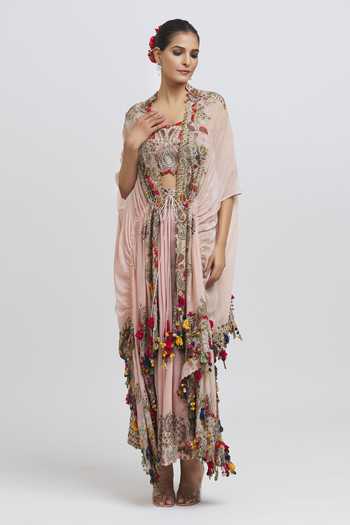 Buy_Anamika Khanna_Pink Silk Sequins, Beads Round Neck Floral Embroidered Cape Skirt Set _Online_at_Aza_Fashions