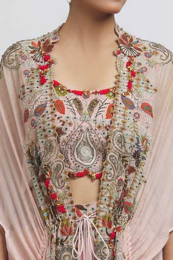 Shop_Anamika Khanna_Pink Silk Sequins, Beads Round Neck Floral Embroidered Cape Skirt Set _Online_at_Aza_Fashions