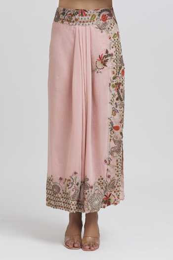 Anamika Khanna_Pink Silk Sequins, Beads Round Neck Floral Embroidered Cape Skirt Set _at_Aza_Fashions