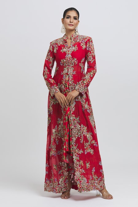 Anamika Khanna Red Silk Printed And Embroidered Floral Jacket Mughal Thread Skirt Set 