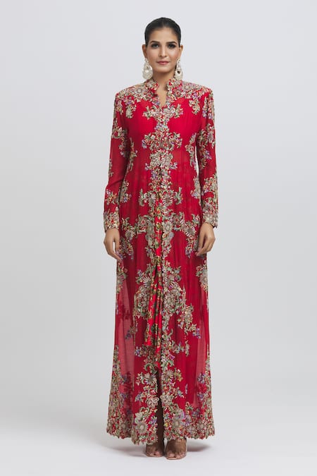 Buy Anamika Khanna Red Silk Applique, Sequins, Embroidery Round Mughal Thread Jacket Skirt Set Online at Aza Fashions Buy_Anamika Khanna_Red Silk Applique, Sequins, Embroidery Round Mughal Thread Jacket Skirt Set_Online_at_Aza_Fashions