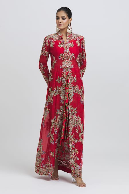Shop Anamika Khanna Red Silk Applique, Sequins, Embroidery Round Mughal Thread Jacket Skirt Set Online at Aza Fashions Shop_Anamika Khanna_Red Silk Applique, Sequins, Embroidery Round Mughal Thread Jacket Skirt Set_Online_at_Aza_Fashions