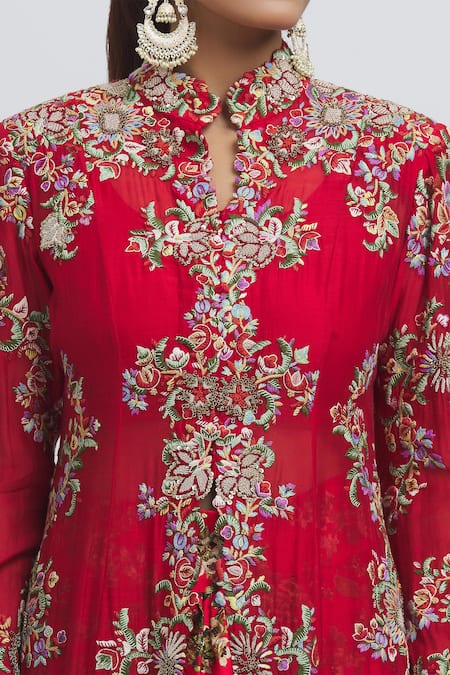 Anamika Khanna Red Silk Applique, Sequins, Embroidery Round Mughal Thread Jacket Skirt Set at Aza Fashions Anamika Khanna_Red Silk Applique, Sequins, Embroidery Round Mughal Thread Jacket Skirt Set_at_Aza_Fashions
