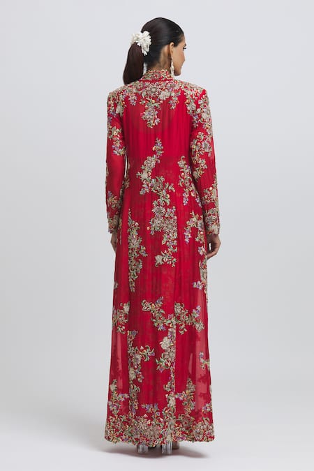 Shop Anamika Khanna Red Silk Applique, Sequins, Embroidery Round Mughal Thread Jacket Skirt Set at Aza Fashions Shop_Anamika Khanna_Red Silk Applique, Sequins, Embroidery Round Mughal Thread Jacket Skirt Set_at_Aza_Fashions