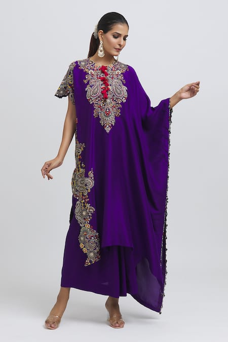 Anamika Khanna Purple Silk Embroidered Thread Round Neck Paisley Kaftan And Skirt Set 