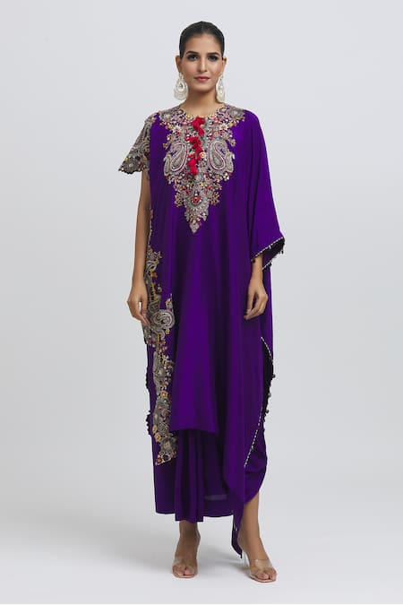 Anamika Khanna Purple Silk Beads Round Neck Paisley Embroidered Kaftan And Skirt Set Online at Aza Fashions Anamika Khanna_Purple Silk Beads Round Neck Paisley Embroidered Kaftan And Skirt Set_Online_at_Aza_Fashions