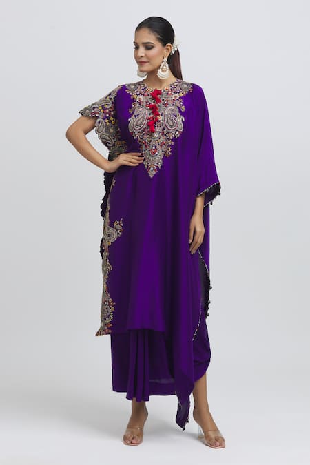 Buy Anamika Khanna Purple Silk Beads Round Neck Paisley Embroidered Kaftan And Skirt Set Online at Aza Fashions Buy_Anamika Khanna_Purple Silk Beads Round Neck Paisley Embroidered Kaftan And Skirt Set_Online_at_Aza_Fashions
