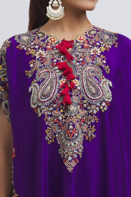 Shop Anamika Khanna Purple Silk Beads Round Neck Paisley Embroidered Kaftan And Skirt Set Online at Aza Fashions Shop_Anamika Khanna_Purple Silk Beads Round Neck Paisley Embroidered Kaftan And Skirt Set_Online_at_Aza_Fashions