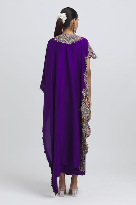 Shop Anamika Khanna Purple Silk Beads Round Neck Paisley Embroidered Kaftan And Skirt Set at Aza Fashions Shop_Anamika Khanna_Purple Silk Beads Round Neck Paisley Embroidered Kaftan And Skirt Set_at_Aza_Fashions