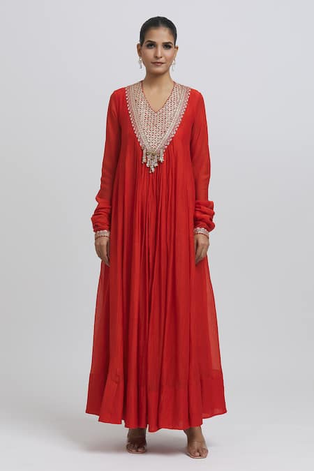 Anamika Khanna_Red Silk Embroidery, Sequins, Gota Patti, Beads V-neck Zari Yoke Anarkali Set_Online_at_Aza_Fashions