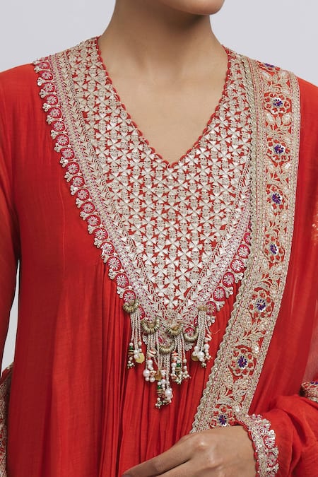 Shop_Anamika Khanna_Red Silk Embroidery, Sequins, Gota Patti, Beads V-neck Zari Yoke Anarkali Set_Online_at_Aza_Fashions
