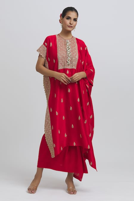 Anamika Khanna_Red Silk Beads, Sequins Round Neck Zari Embroidered Kaftan And Skirt Set_Online_at_Aza_Fashions