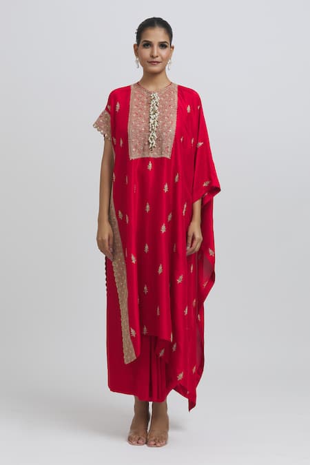 Anamika Khanna_Red Silk Beads, Sequins Round Neck Zari Embroidered Kaftan And Skirt Set_at_Aza_Fashions