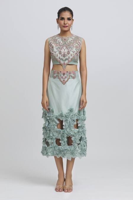 Anamika Khanna Blue Silk Sequins, Applique Round Neck Thread Embroidered Top Skirt Set Online at Aza Fashions Anamika Khanna_Blue Silk Sequins, Applique Round Neck Thread Embroidered Top Skirt Set _Online_at_Aza_Fashions