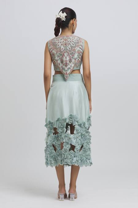 Buy Anamika Khanna Blue Silk Sequins, Applique Round Neck Thread Embroidered Top Skirt Set Online at Aza Fashions Buy_Anamika Khanna_Blue Silk Sequins, Applique Round Neck Thread Embroidered Top Skirt Set _Online_at_Aza_Fashions