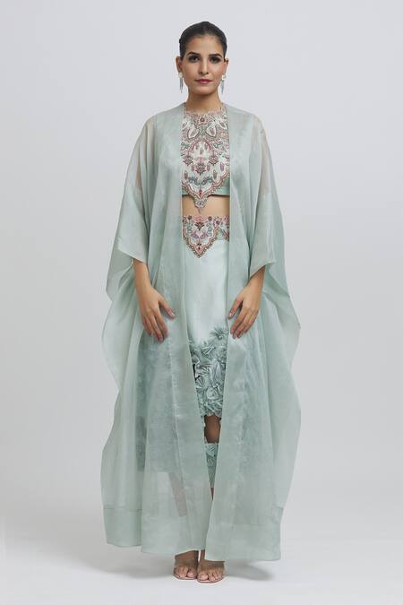 Shop Anamika Khanna Blue Silk Sequins, Applique Round Neck Thread Embroidered Top Skirt Set Online at Aza Fashions Shop_Anamika Khanna_Blue Silk Sequins, Applique Round Neck Thread Embroidered Top Skirt Set _Online_at_Aza_Fashions