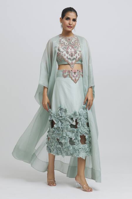 Anamika Khanna Blue Silk Sequins, Applique Round Neck Thread Embroidered Top Skirt Set at Aza Fashions Anamika Khanna_Blue Silk Sequins, Applique Round Neck Thread Embroidered Top Skirt Set _at_Aza_Fashions