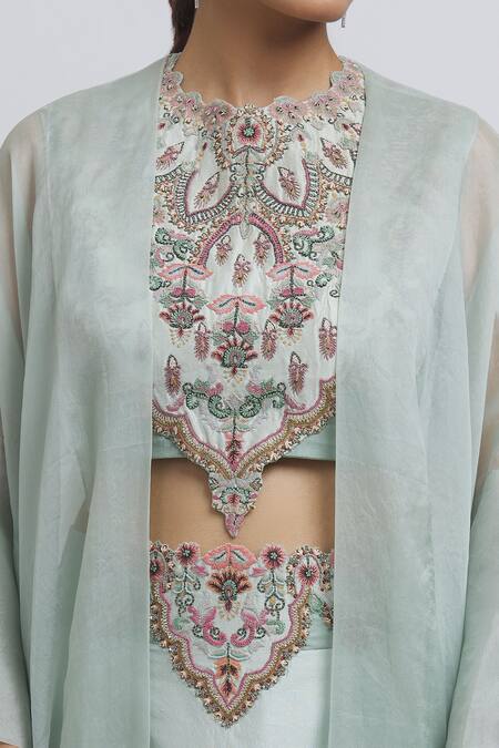 Buy Anamika Khanna Blue Silk Sequins, Applique Round Neck Thread Embroidered Top Skirt Set Buy_Anamika Khanna_Blue Silk Sequins, Applique Round Neck Thread Embroidered Top Skirt Set