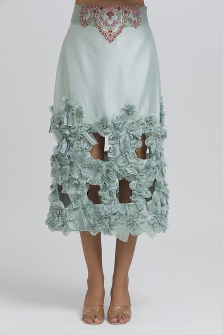 Shop Anamika Khanna Blue Silk Sequins, Applique Round Neck Thread Embroidered Top Skirt Set Shop_Anamika Khanna_Blue Silk Sequins, Applique Round Neck Thread Embroidered Top Skirt Set