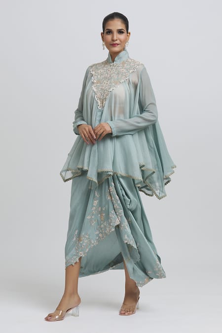 Anamika Khanna Blue Silk Embroidered Zardozi High Neck Top And Skirt Set 