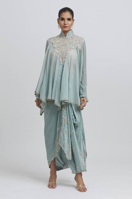 Anamika Khanna_Blue Silk Sequins, Zari, Beads High Neck Zardozi Embroidered Top And Skirt Set_Online_at_Aza_Fashions