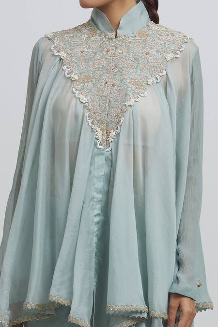 Buy_Anamika Khanna_Blue Silk Sequins, Zari, Beads High Neck Zardozi Embroidered Top And Skirt Set_Online_at_Aza_Fashions