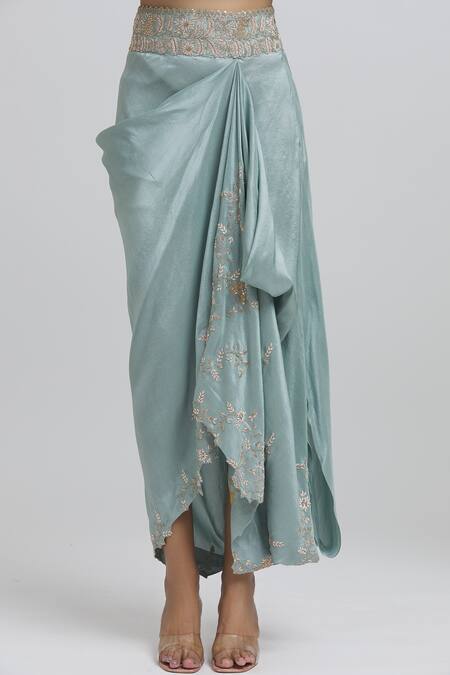 Shop_Anamika Khanna_Blue Silk Sequins, Zari, Beads High Neck Zardozi Embroidered Top And Skirt Set_Online_at_Aza_Fashions