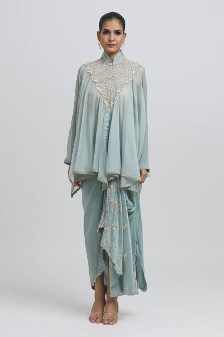 Anamika Khanna_Blue Silk Sequins, Zari, Beads High Neck Zardozi Embroidered Top And Skirt Set_at_Aza_Fashions