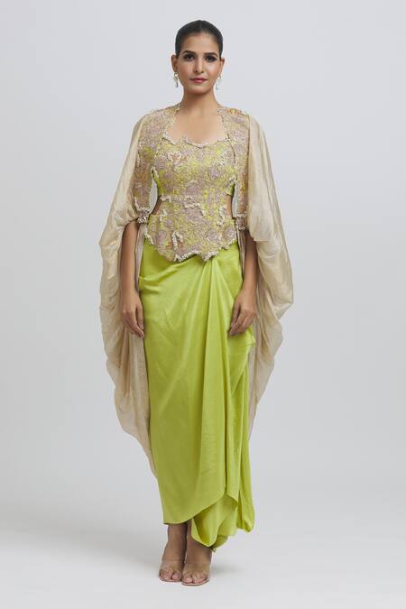 Buy_Anamika Khanna_Green Silk Zari Square Neck Zardozi Embroidered Top Skirt Set_Online_at_Aza_Fashions