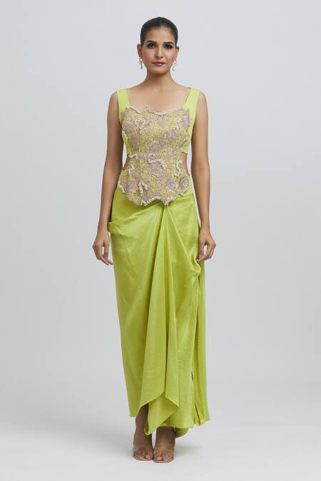 Buy_Anamika Khanna_Green Silk Zari Square Neck Zardozi Embroidered Top Skirt Set
