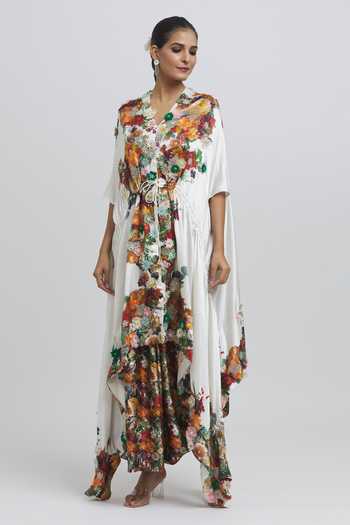 Anamika Khanna_White Silk Beads Floral Print Draped Skirt Set _Online_at_Aza_Fashions