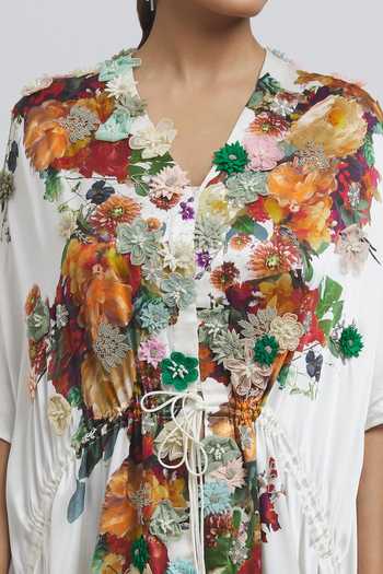 Buy_Anamika Khanna_White Silk Beads Floral Print Draped Skirt Set _Online_at_Aza_Fashions